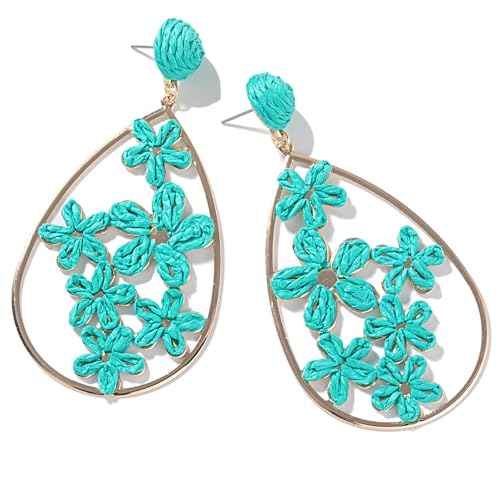 Boho Raffia Flower Teardrop Earrings Cute Colorful Dangle Trendy Jewelry | Floral Drop Statement Big Dangling Earring Hypoallergenic Gold Fun Unique Summer Spring Beach Vacation Outfits for Women - color: Teal