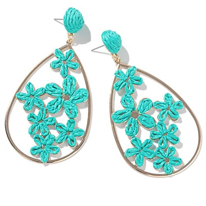 Boho Raffia Flower Teardrop Earrings Cute Colorful Dangle Trendy Jewelry | Floral Drop Statement Big Dangling Earring Hypoallergenic Gold Fun Unique Summer Spring Beach Vacation Outfits for Women - color: Teal