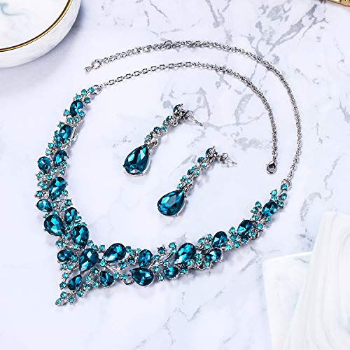 Women's Wedding Statement Necklace Dangle Earring Jewelry | Austrian Crystal Teardrop Cluster,Necklaces Earrings Set for Bride Bridesmaid,Prom Accessories - color: 17-Sky Blue Silver-Tone
