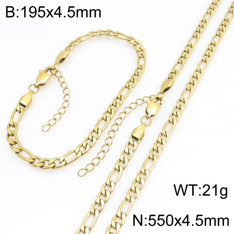 Kemstone Stainless Steel Figaro Cuban Bracelet Necklace Set for Men Women Jewelry - color: Gold 03