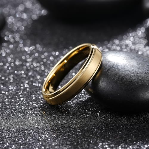 King Will Classic Tungsten Wedding Band for Men, 6/7/8/9/10mm Widths, Polished Finish Step Edge Matte Rings Comfort Fit - color: E-gold 5mm