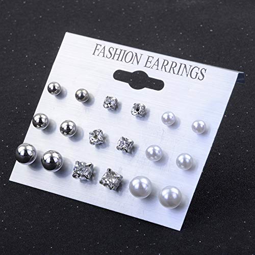 CZ Stud Pearl Earrings for Women Girls Hypoallergenic Earring Set Ear Studs Jewelry for Birthday Christmas Party Gifts Silver 9 Pairs - color: Silver