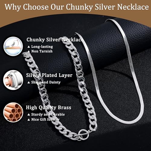 CHESKY 14K Gold Plated Chunky Necklace for Women, Trendy Toggle Clasp | Statement Pendant Necklace, Layered Paperclip Chain, Toggle Clasp Design, Thick Gold Chain, Non Tarnish Everyday Jewelry - color: silver, style: cuban+herringbone