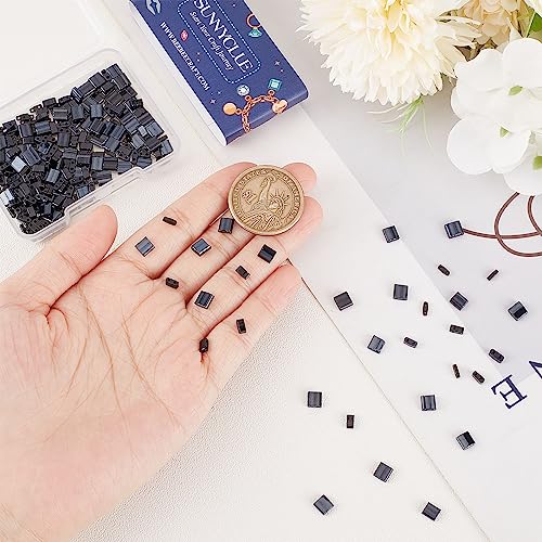 SUNNYCLUE 1 Box 300Pcs 3 Style 5 * 5mm Tila Beads Two Hole Glass Seed Bead Flat Square Glass Black Japanese Loose Spacers for Jewelry Making DIY Craft Multi-Strand Bracelet Necklace Earrings - color: 300pcs 3 Sizes Black Beads