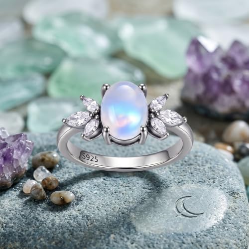 MRENITE Oval Floral Ring for Women S925 Sterling Silver Gemstone Ring for Her Anniversary Birthday Engagement Promise Jewelry Gift - color: Moonstone