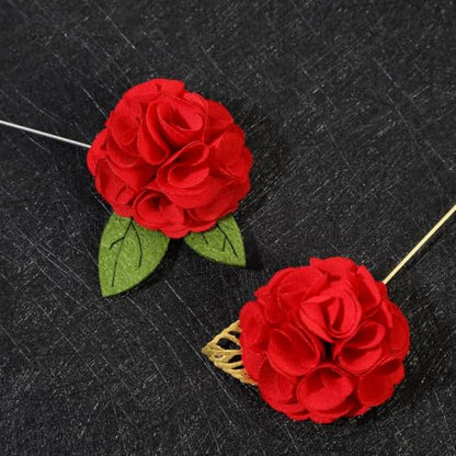 Gentleman's Essentials Premium Handmade Flower Lapel Pin Boutonniere - color: Crimson Red Camellia [Green Leaf]