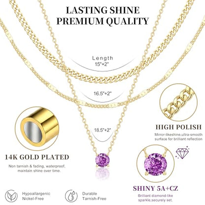 WomenGifts Layered Gold Necklaces for Women, 14K Gold Sterling Silver Plated Dainty Pendant Necklace Set Non Tarnish, Chunky Stackable Cuban Chain Choker, Trendy Birthstone Vacation Jewelry Gift - color: Gold, style: Cubic Zirconia-Created Alexandrite-Jun