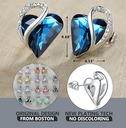 Infinity Love Heart Stud Earrings for Women, Birthstone and Healing Stone, Gifts for Mom, Wife, and Her, Silver Plated - color: 09a-September-Bermuda Sapphire Blue