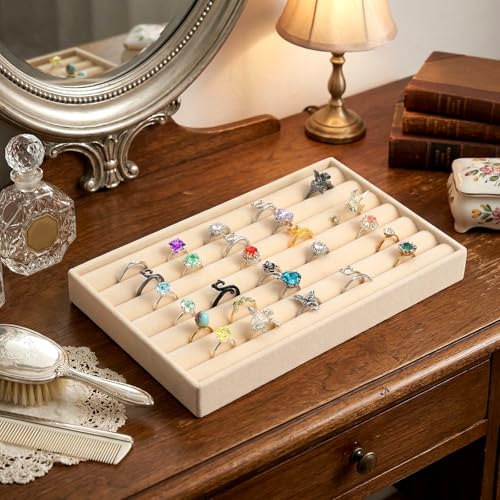 Velvet Ring Box, Earring Holder Organizer Display Tray, Jewelry Rings Earring Tray Display Holder Organizer for Vendors 8.35 x 5.91 x 0.91 Inches Rings Storage Box (7 Slots, Beige)