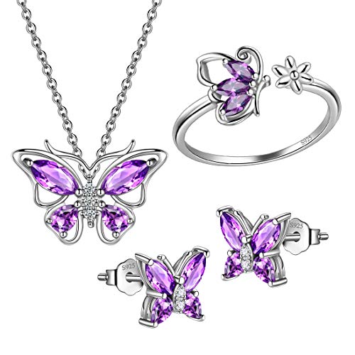 925 Sterling Silver Birthstone Butterfly Jewelry Women Crystal Animal Cute Butterflies Birthday Necklace/Earring/Ring/Bracelet Sets Birth Stone Statement Anniversary Jewellery - color: 2-B.February-Amethyst