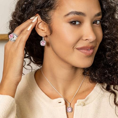 JEAN RACHEL JEWELRY 925 Sterling Silver Prong Solitaire Ring | Raised crown engagement style ring mounting a precision faceted brilliant Cubic Zirconia solitaire over stacked silver rows. - color: Pink CZ