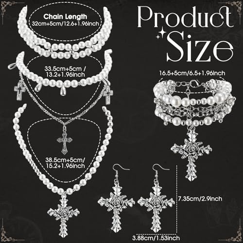 Tondiamo 3 Pcs Gothic Jewelry Set Cross Necklace for Women Goth Earrings Bracelet Layered Y2k Choker Costume Accessory - color: Silver, style: Pearl Style