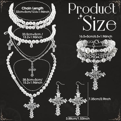 Tondiamo 3 Pcs Gothic Jewelry Set Cross Necklace for Women Goth Earrings Bracelet Layered Y2k Choker Costume Accessory - color: Silver, style: Pearl Style