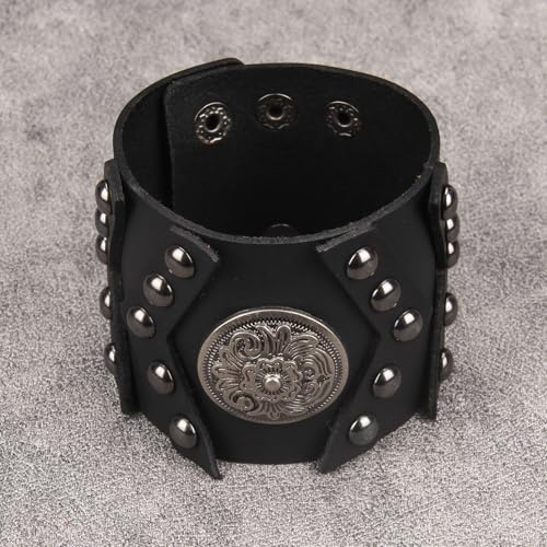 JAOYU Punk Leather Cuff Bracelet Goth Leather Wristband Rock Bracelet Biker Bracelet for Men Leather Armband Black Handmade Jewelry - color: Flower Black Leather Bracelet