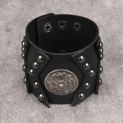 JAOYU Punk Leather Cuff Bracelet Goth Leather Wristband Rock Bracelet Biker Bracelet for Men Leather Armband Black Handmade Jewelry - color: Flower Black Leather Bracelet