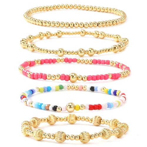 Colorful Gold Plated Stackable Ball Seed Beaded Bracelets Set For Women, Boho Handmade Romantic Stretch Accessories Jewelry, Daily Wear Holiday Party Friendship Gift - color: Lantern