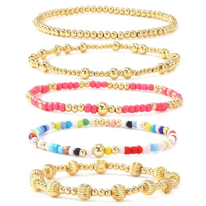 Colorful Gold Plated Stackable Ball Seed Beaded Bracelets Set For Women, Boho Handmade Romantic Stretch Accessories Jewelry, Daily Wear Holiday Party Friendship Gift - color: Lantern