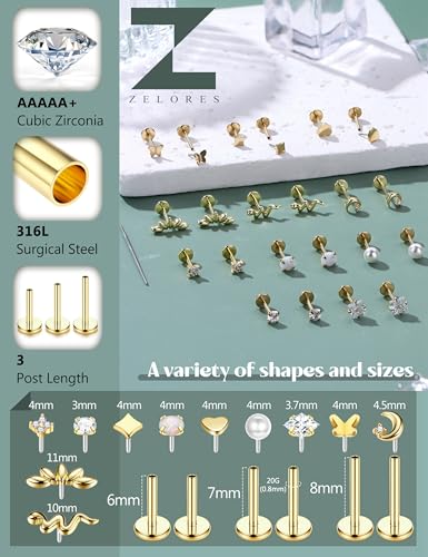 316L Stainless Steel 20G/16G Threadless Flat Back Push In Earrings Women | 11 Pairs 316L Hypoallergenic CZ Cartilage Conch Tragus Stud Earrings Nose Rings for Women, 14K Gold Plated, Silver, 6/7/8mm - color: 14K Gold Plated, size: 20G- bar length: 6/7/8mm
