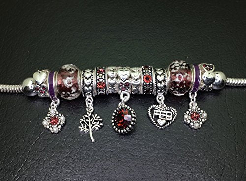 Falari Birthstone Bracelet Multi-Color Charm Beads Silvertone Birthday Gifts for Women - color: 02-February