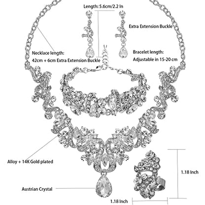 Jewelry Set for Women, Statement Necklace Dangle Earrings Bracelet Ring, White/KC Gold Plated Jewelry Set with Rhinestone Pearl Crystal Wedding Party Jewelry for Bridal Bridesmaid - color: Set001-Style2-White-Platinum Plated