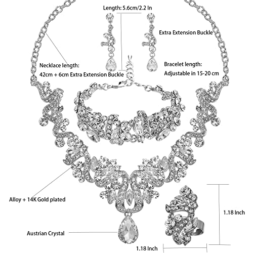 Jewelry Set for Women, Statement Necklace Dangle Earrings Bracelet Ring, White/KC Gold Plated Jewelry Set with Rhinestone Pearl Crystal Wedding Party Jewelry for Bridal Bridesmaid - color: Set001-Style2-White-Platinum Plated