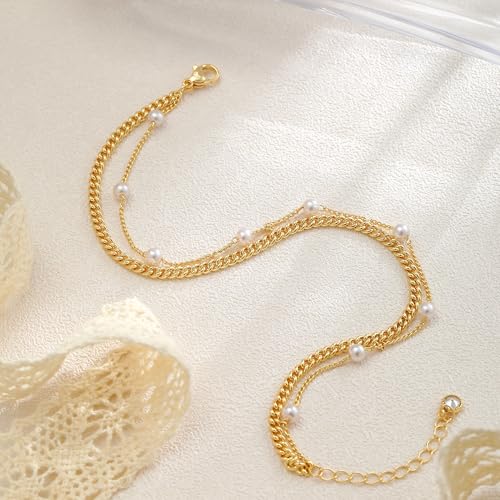 Gold Ankle Bracelets for Women, Dainty 14K Gold Plated Anklets for Women Waterproof Cuban Link Chain Pearl Anklet Set Trendy Layered Stackable Ankle Bracelet Non Tarnish Jewelry for Her - color: A0028