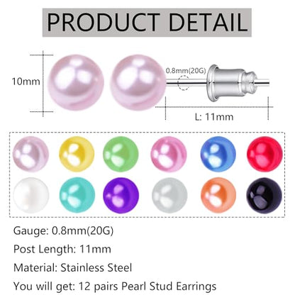 12 Pairs Colorful Pearl Stud Earrings for Women Stainless Steel Small Studs Set - color: Pearl: 10mm