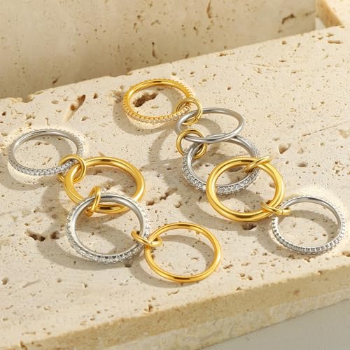Gold Stackable Rings for Women Non Tarnish, 18k Gold Plated Cubic Zirconia Rings, Exquisite Silver Gold Multi Ring Mixed Metals Stack Jewelry Set Size 6-10 - color: 4PCS, size: 7