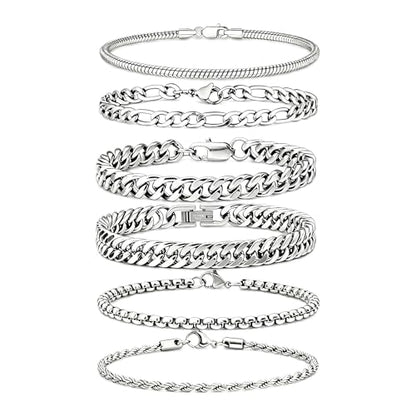 6 Pcs Silver/Gold Bracelets for Men, Cuban Link Chain Stainless Steel Bracelet Stack Metal Figaro Rope Black Bracelet Set Mens Fashion Accessories Jewelry Set for Men Dad Husband Son 7.5/8.3/9 Inches - size: 8.3 in-Men Medium Women Large