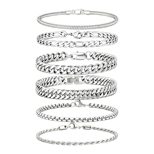 6 Pcs Silver/Gold Bracelets for Men, Cuban Link Chain Stainless Steel Bracelet Stack Metal Figaro Rope Black Bracelet Set Mens Fashion Accessories Jewelry Set for Men Dad Husband Son 7.5/8.3/9 Inches - size: 7.5 in-Men Small Women Medium