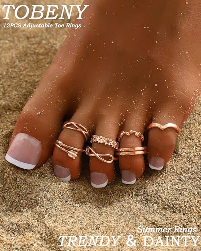 TOBENY 12PCS Gold Toe Rings for Women Non Tarnish Adjustable Open Set | Rose Black Waterproof Toe Ring Set, Sterling Silver Toe Rings, Flower Arrow Tail Band, Dainty Summer Beach Foot Jewelry - color: C-Rose Gold