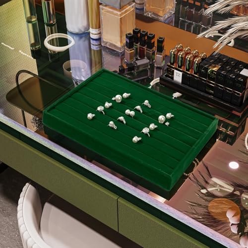 Velvet Ring Earring Display Tray with Elastic Bar Design Green | 7 Slots, For Ring Earring Storage & Display, Durable & Sturdy, Easy to Use - size: 7 Slot