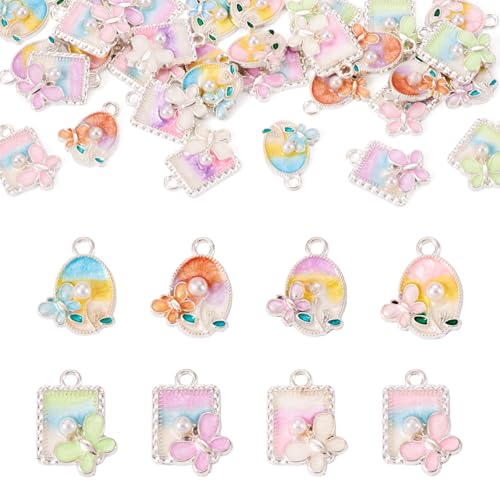 32Pcs Alloy Enamel Butterfly Charms Silver Plated Oval & Rectangle Floral with Imitation Pearl Bead Charms 3D French Style Oil Painting Pendants for Bracelet Necklace Earring - color: Silver Plated, 8 Colors