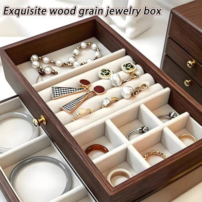 3-Layer Wood Grain Jewelry Box with mezzanine, Stackable Jewelry Organizer with Velvet Lining, Dustproof Jewelry Storage Case for Rings, Necklaces, Earrings, Bracelets (12)