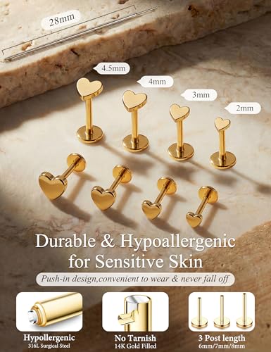 YADOCA Threadless Flat Back Earrings Gold Nose Studs Surgical Steel | Push-in flat back design for cartilage tragus helix conch and medusa piercings, gold plated stainless steel studs - color: Gold Heart, size: 20G(0.8MM)