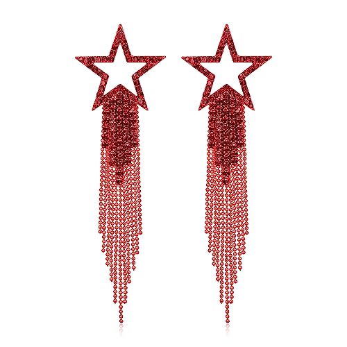 EVER FAITH Crystal Long Waterfall Star Tassel Clip-on Earrings for Women | Rhinestone Beaded Fringe Chandelier Dangle Statement Earring, Wedding Party Jewelry - color: Red Red-Tone