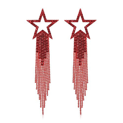 EVER FAITH Crystal Long Waterfall Star Tassel Clip-on Earrings for Women | Rhinestone Beaded Fringe Chandelier Dangle Statement Earring, Wedding Party Jewelry - color: Red Red-Tone