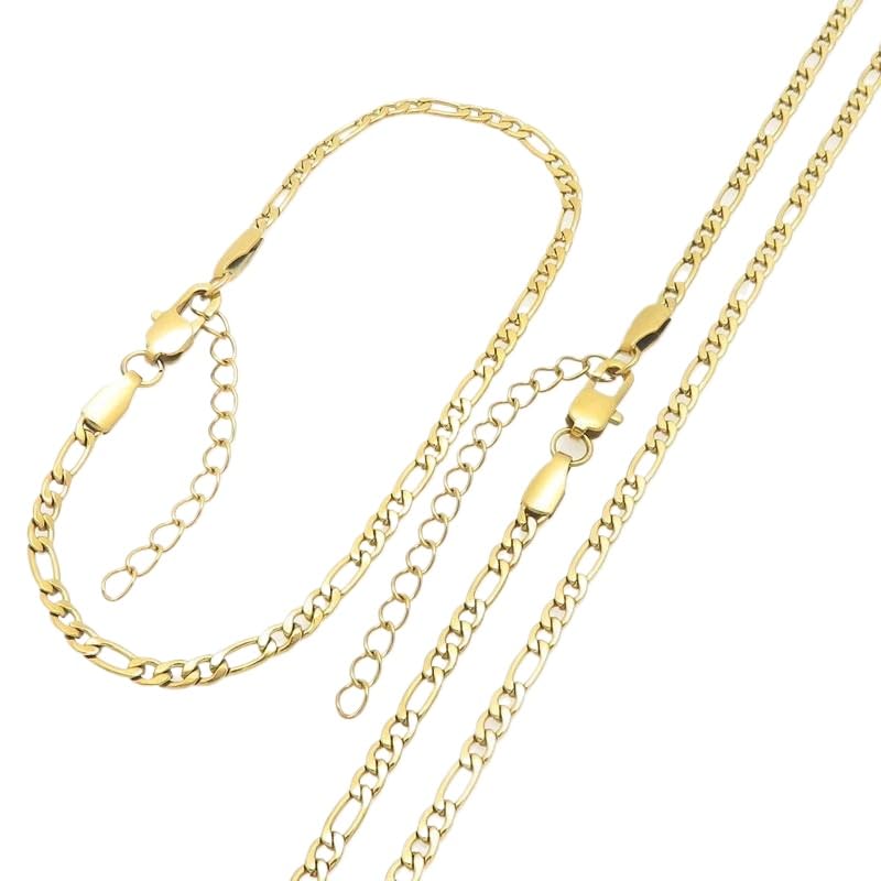 Kemstone Stainless Steel Figaro Cuban Bracelet Necklace Set for Men Women Jewelry - color: Gold 01
