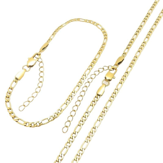 Kemstone Stainless Steel Figaro Cuban Bracelet Necklace Set for Men Women Jewelry - color: Gold 01