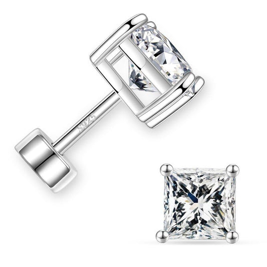 Moissanite Flat Back Earrings, 0.2-2ct Lab Created Moissanite | 925 Sterling Silver, VVS1 Clarity, Screw Back, Hypoallergenic, Elegant Gift Packed, Birthday Gifts, Wearable While Sleeping - color: Princess Cut, size: 2ct.tw(1ct*2)