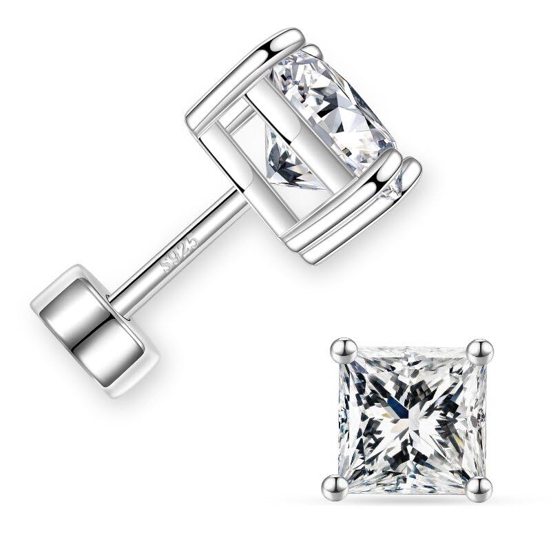 Moissanite Flat Back Earrings, 0.2-2ct Lab Created Moissanite | 925 Sterling Silver, VVS1 Clarity, Screw Back, Hypoallergenic, Elegant Gift Packed, Birthday Gifts, Wearable While Sleeping - color: Princess Cut, size: 0.6ct.tw(0.3ct*2)