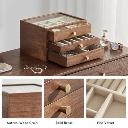 Black Walnut Wooden Jewelry Box Women large 3 Layer Drawer Organizer Box with Glass Lid for Necklaces, Watch, Necklace, Ring, Earring Storage, Ideal Gift - style: 3 Layer