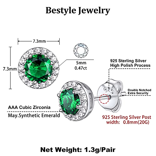 Bestyle Sparkling 925 Sterling Silver Birthstone Stud Earrings for Women, Heart/Round/Teardrop/Square Solitaire Diamond Studs Earrings, Great Birthday/Christmas Gifts - style: 05.Green Emerald-May-round