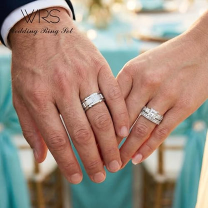 His Hers Wedding Ring Sets Couples Matching Rings Women's 10k White Gold Filled Square CZ Wedding Engagement Ring Bridal Sets & Men's Tungsten Carbide Wedding Band - style: women's size 8 & men's size 11