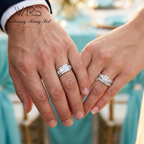 His Hers Wedding Ring Sets Couples Matching Rings Women's 10k White Gold Filled Square CZ Wedding Engagement Ring Bridal Sets & Men's Tungsten Carbide Wedding Band - style: women's size #6 & men's size #9