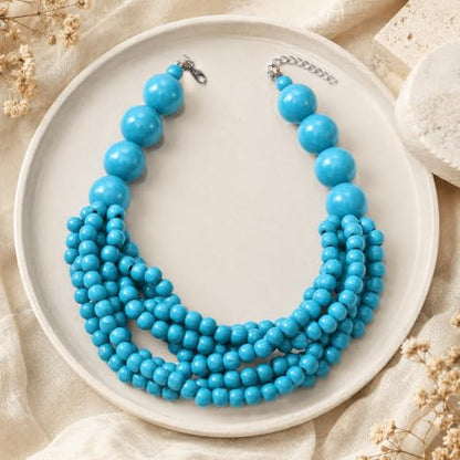Handmade Layered Wood Bead Necklace for Women - Chunky African Statement Necklace, Natural Khaki Beaded Jewelry, Hypoallergenic & Skin-Safe for Sensitive Skin, Boho Rainbow Inspired Chunky Collar Necklace - color: Blue