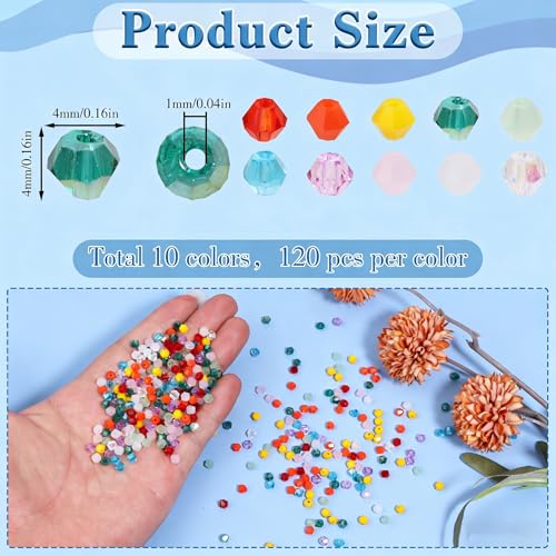 1200Pcs 4mm 10 Colors Faceted Crystal Glass Bicone Beads Loose Bead for DIY Bracelet Necklace Earring Keychain Jewelry Making,Rainbow - color: Rainbow