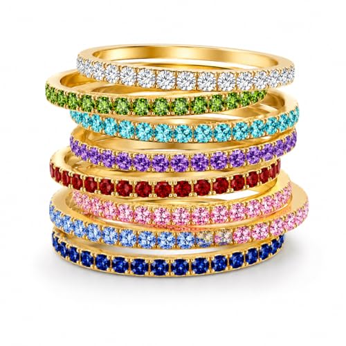Birthstone Rings For Women, Silver Stackable Cubic Zirconia Stainless Steel Birth Stone Ring To My Daughter/Mom Birthday Unique Gifts Jewelry - color: 07-Gold-July
