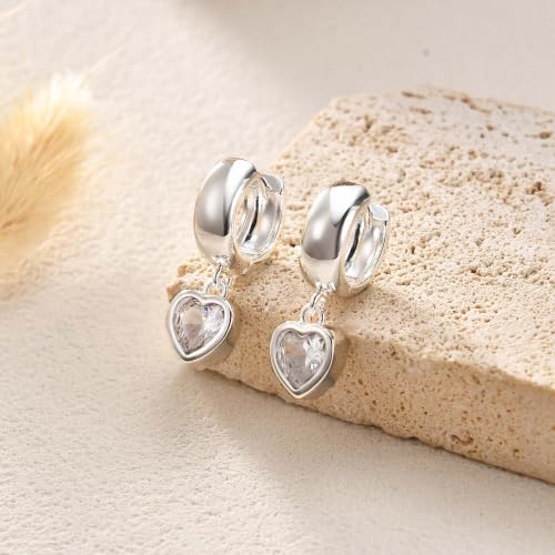 Gold Chunky Dangle Earrings for Women, Bezel Set Cubic Zirconia Charm | 14K Gold Silver Plated, Statement Huggie Hoops Drop Earrings, Trendy Jewelry Gifts, High Grade CZ, Hypoallergenic Lightweight - color: SL-Heart CZ Hoop