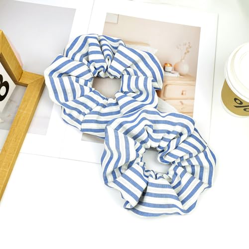 Big Blue White Striped Scrunchies for Women 2 Pack Large Hair Ties, Fabric Ponytail Holders Elastic Hair Bands Women Girls Hair Accessories - color: Stripede Blue